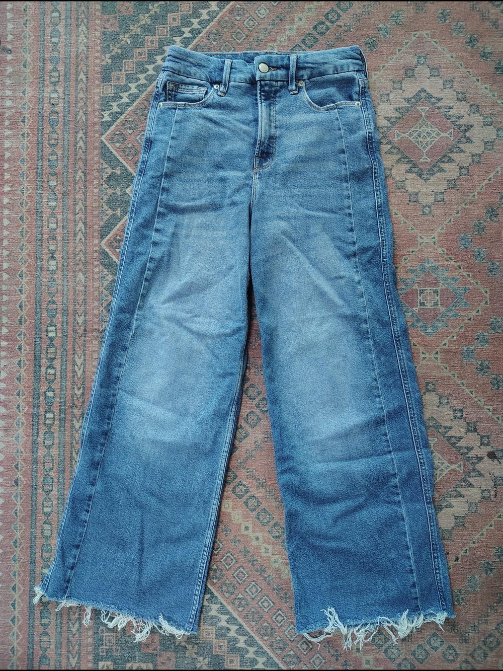 Good American Blue Wide-Leg Raw Hem Jeans